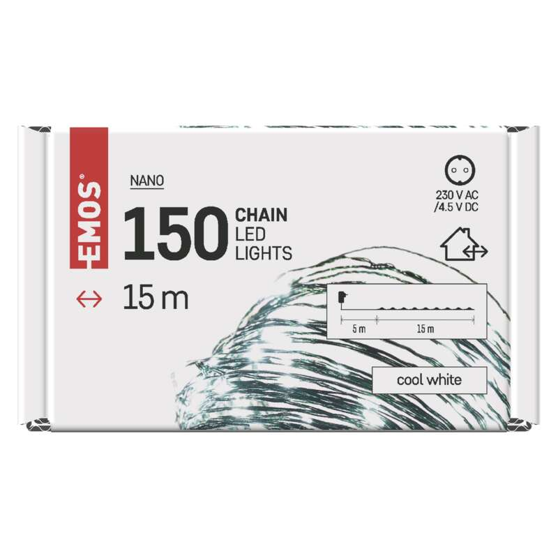 Doboz 150 hideg fehér LED-fénnyel, diagrammal és szöveges címkékkel.