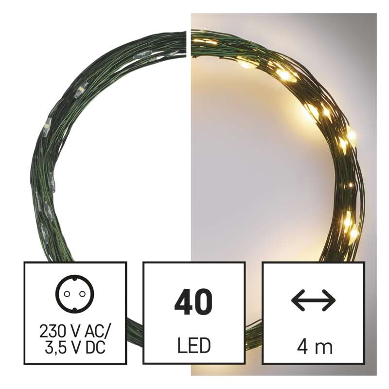 Fényfüzér 40 LED-del és dugóval, a lámpa be- és kikapcsolt állapotának képével.