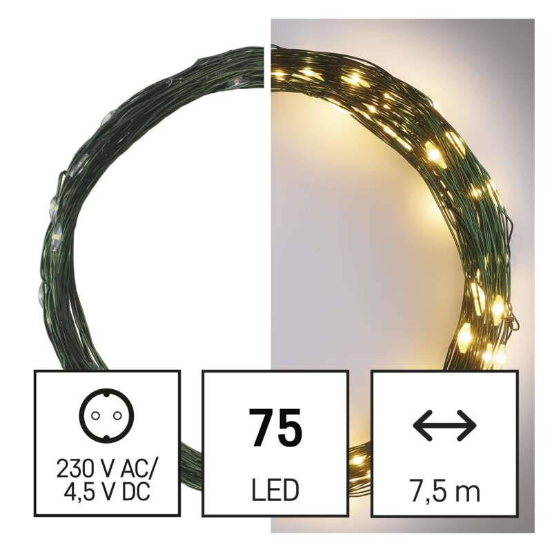 Füzérfény zöld vezetéken, hálózati csatlakozóval, 75 LED-et és 7,5 métert jelző szöveggel.