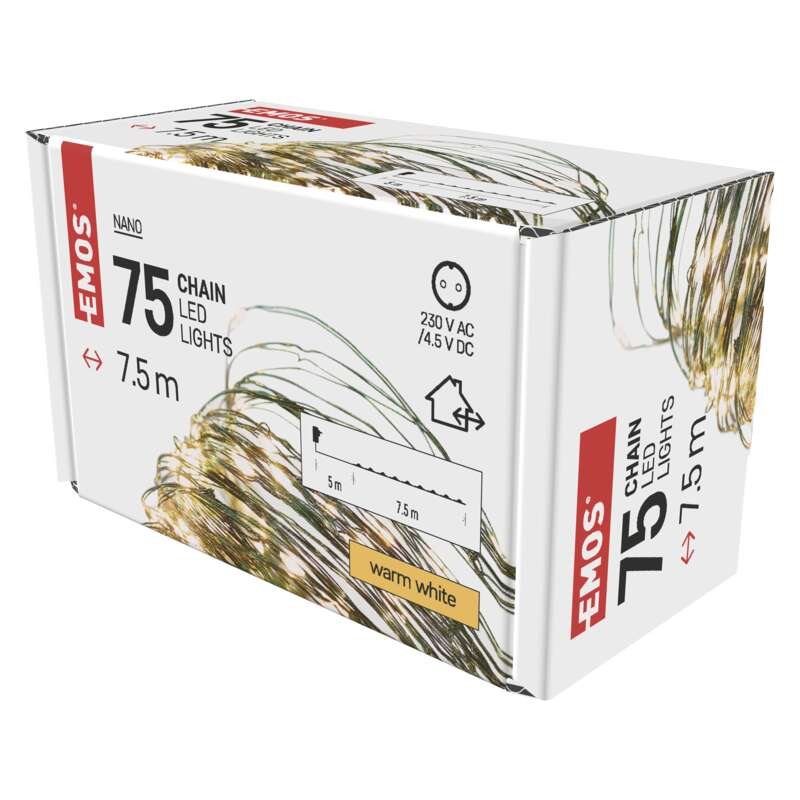 75 meleg fehér lánc LED-es lámpa doboza. A doboz fehér, piros és arany szöveggel.