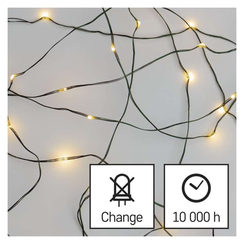 Sárga LED-es fényfüzér, fehér felületen összegabalyodva, csere/10 000 óra ikonokkal.
