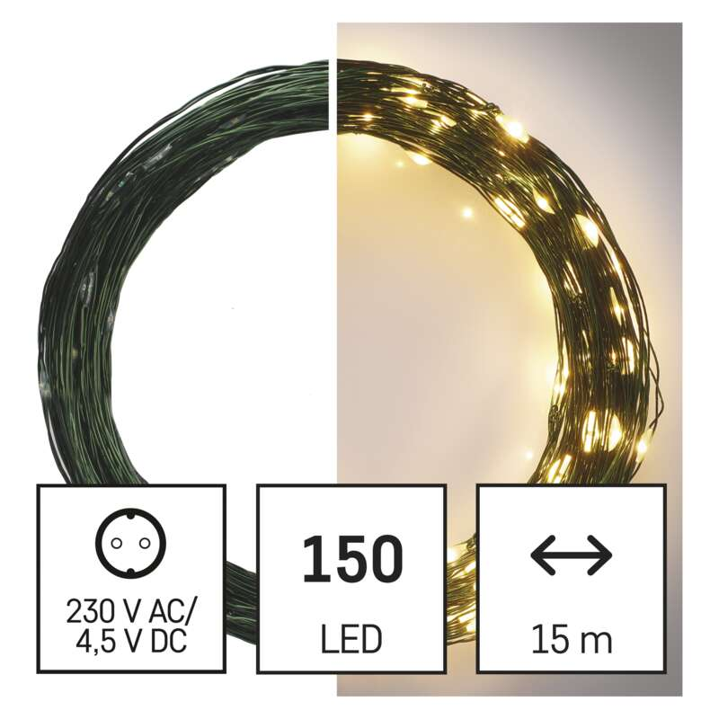 Füzérfények 150 LED-del. A lámpák zöld vezetéken vannak. A szöveg a feszültséget és a hosszt mutatja.