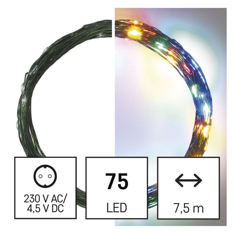 Egy LED-es fényfüzér fele, két dugóval, '75 LED' és '7,5 m' felirattal.