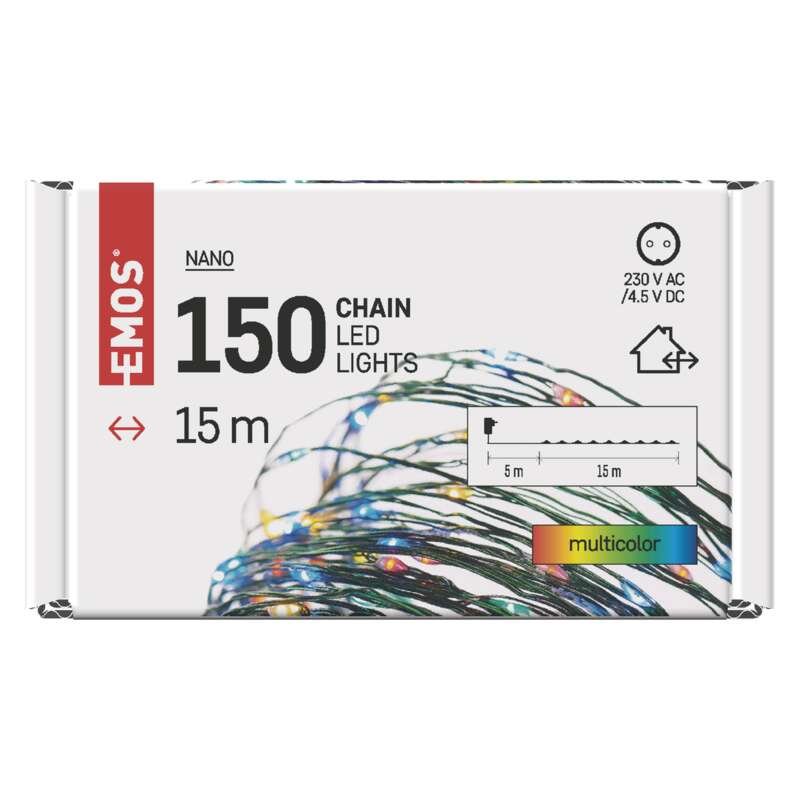 150 LED-es füzérfény doboza, többszínű, specifikációkkal.