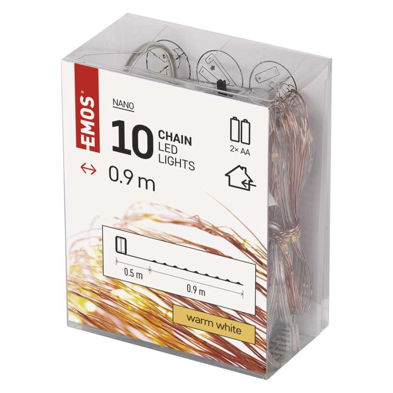 Egy doboz lánc LED-es lámpa. A doboz a lámpák diagramját és specifikációit mutatja.