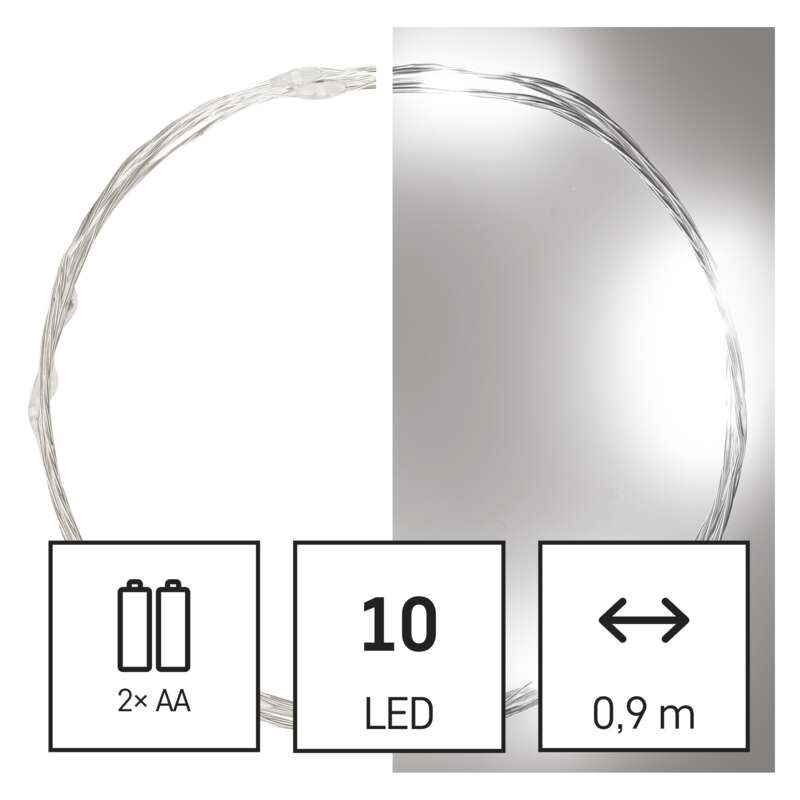 10 LED-es füzér közelképe, akkumulátor szimbólummal és hosszal.