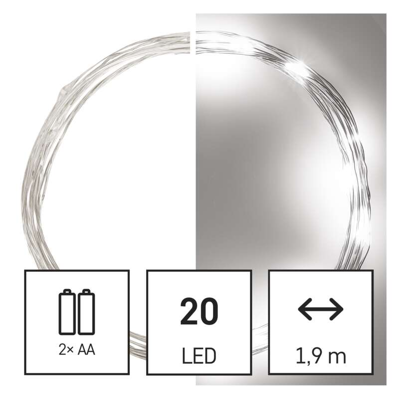 Füzérfények, 20 LED, akkumulátorral és 1,9 m-es mérettel.