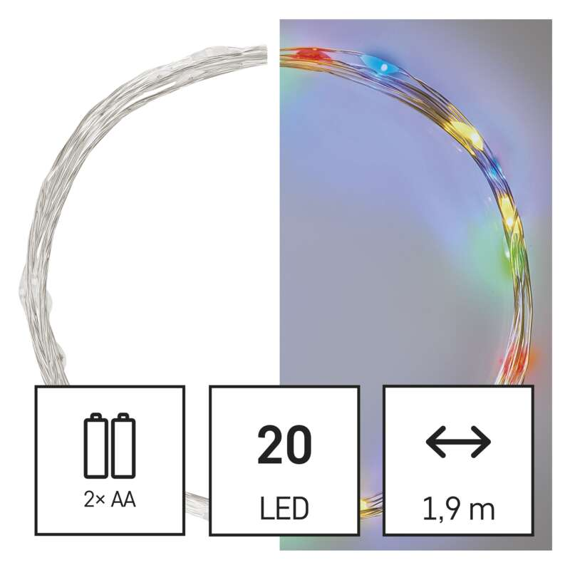 Fényfüzér színes LED-ekkel. Elemrekesszel, 20 LED-del és 1,9 m hosszúsággal.