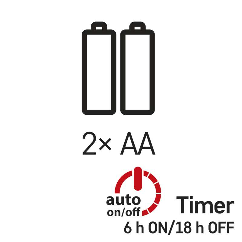 Két elem. A szöveg a '2xAA', egy időzítő grafikával, és a '6h ON/18h OFF' szöveggel.