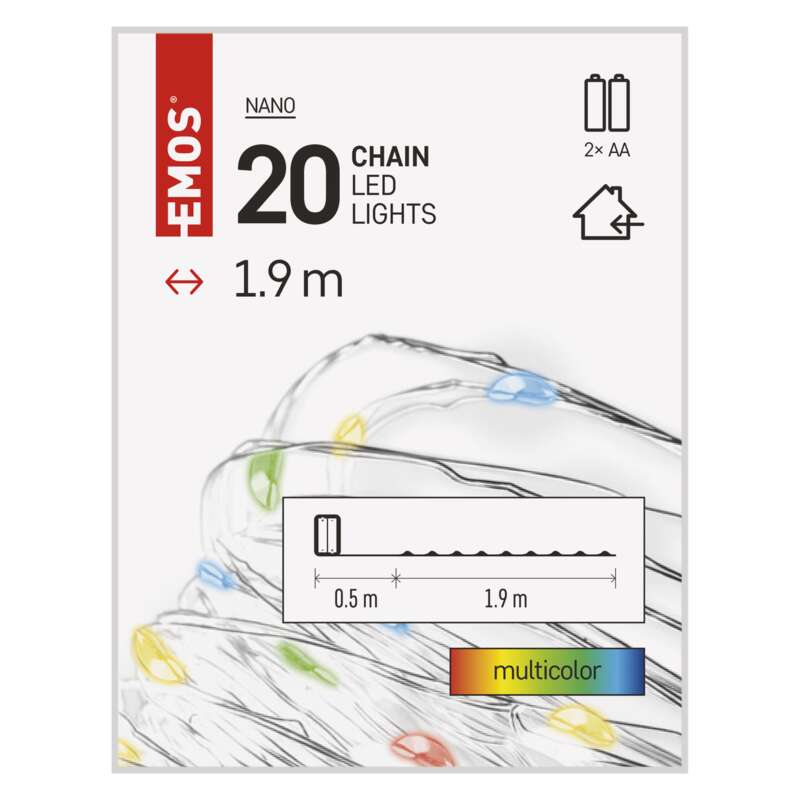 Lánc LED-es lámpák egy dobozban. A doboz különböző színű lámpákat mutat. Fehér háttér.