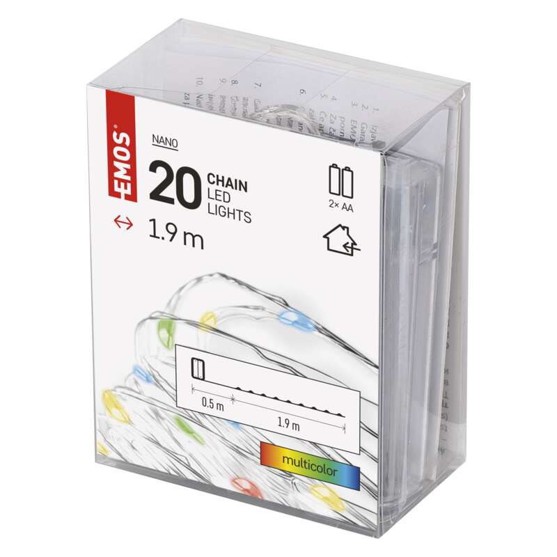 Egy átlátszó műanyag doboz Emos Nano LED-fényekkel, többszínű szálakkal.