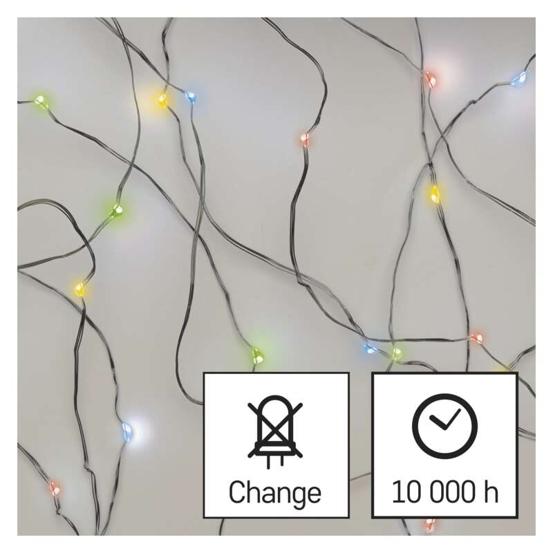 Fényfüzér színes LED-ekkel. Két szövegdoboz, amely a "Change" és a "10 000 h" feliratot tartalmazza.
