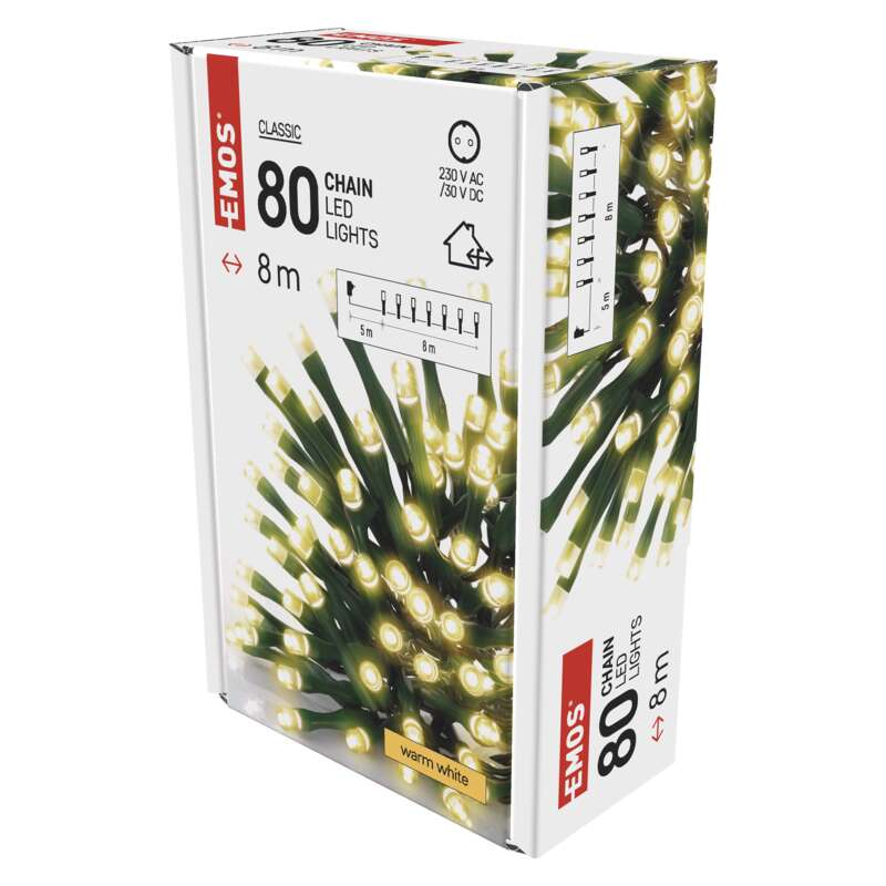 Egy fehér doboz 80 melegfehér lánc LED-es lámpával, diagrammal, szöveggel a dobozon.