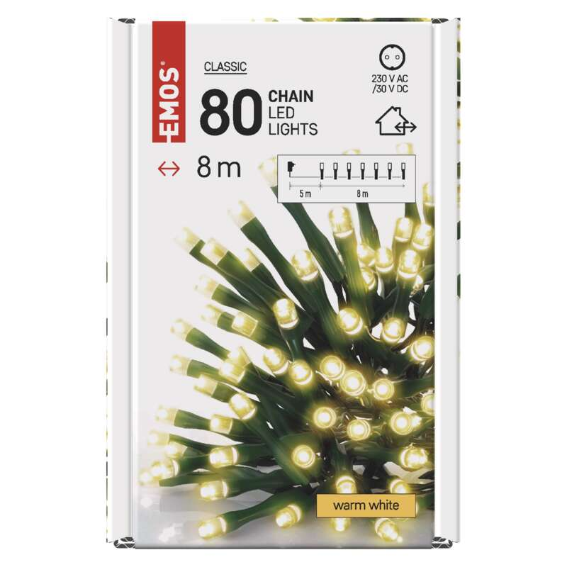 80 LED-es füzérfény doboza, meleg fehér szín.