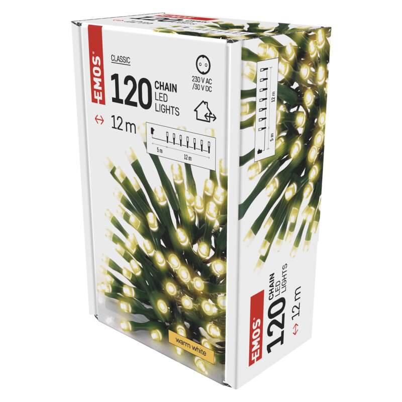 Egy EMOS feliratú doboz 120 LED-es láncfénnyel, 12 m hosszú, meleg fehér színben.