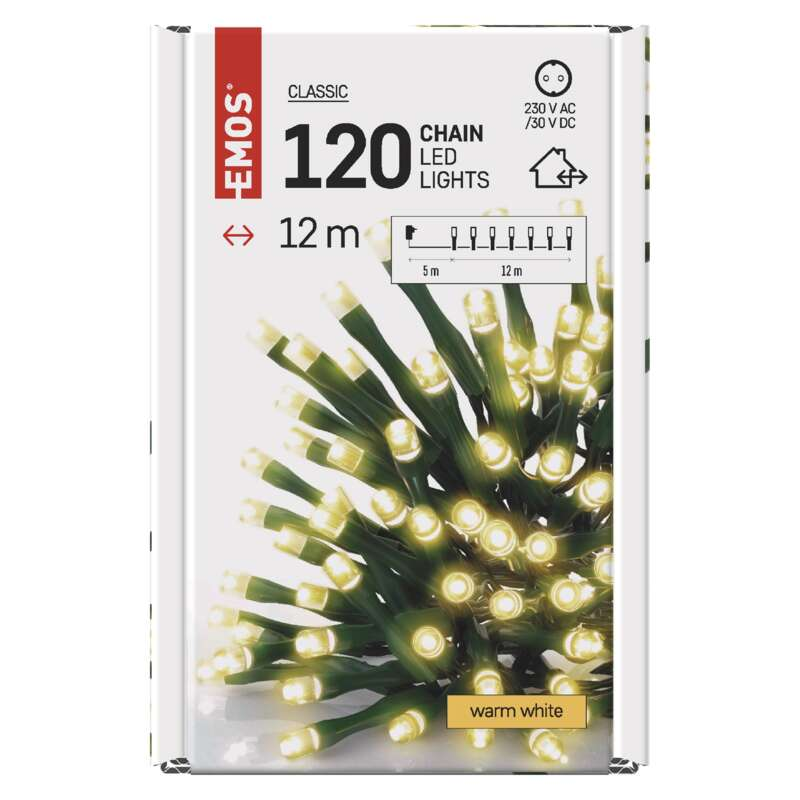 Láncos LED-es lámpák doboza, meleg fehér, 120 lámpa, 12 m.