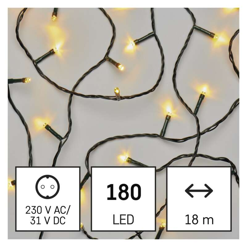 Füzérfények sárga LED-ekkel, dugóval és egy diagrammal, ami 180 LED-et és 18 métert mutat.