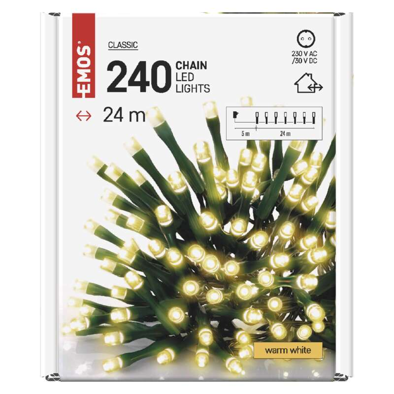240 meleg fehér LED-es füzérfény doboza, a hosszt jelző diagrammal.