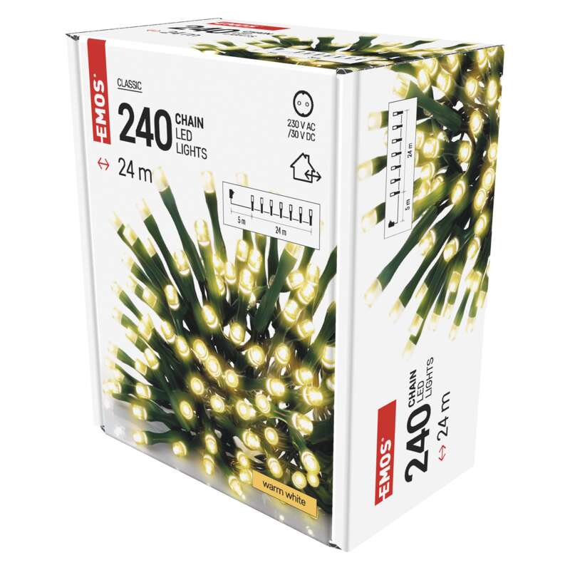 Doboz 240 meleg fehér LED-fénnyel, diagrammal és termékadatokkal.