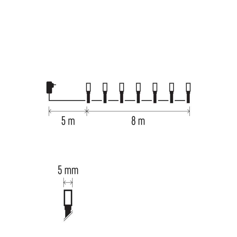 Kábeldiagram 5 m és 8 m mérésekkel, lámpákkal.