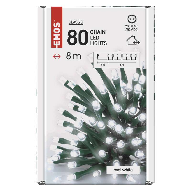 80 db hideg fehér LED-es füzér doboza. A dobozon a lámpák és a méretek láthatók.