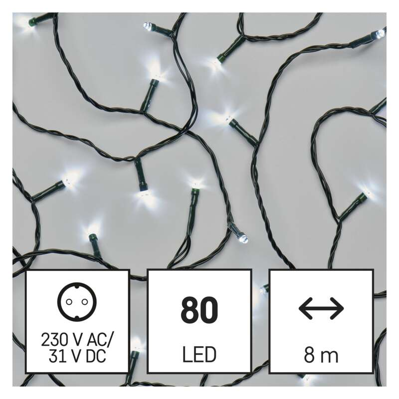 Füzérfények 80 LED-del és egy hálózati csatlakozóval.