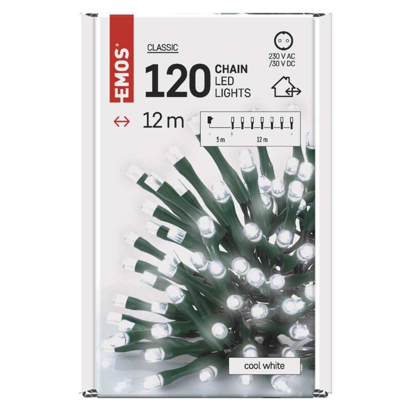 120 hideg fehér LED-es füzérfény doboza. Megmutatja a lámpákat és a csomagolási infókat.