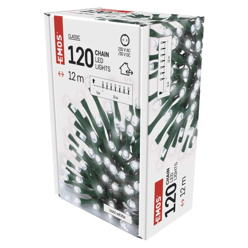 120 LED-es láncfények doboza. Zöld vezeték, fehér fények. Szöveg: Classic, 12m, 230V AC.
