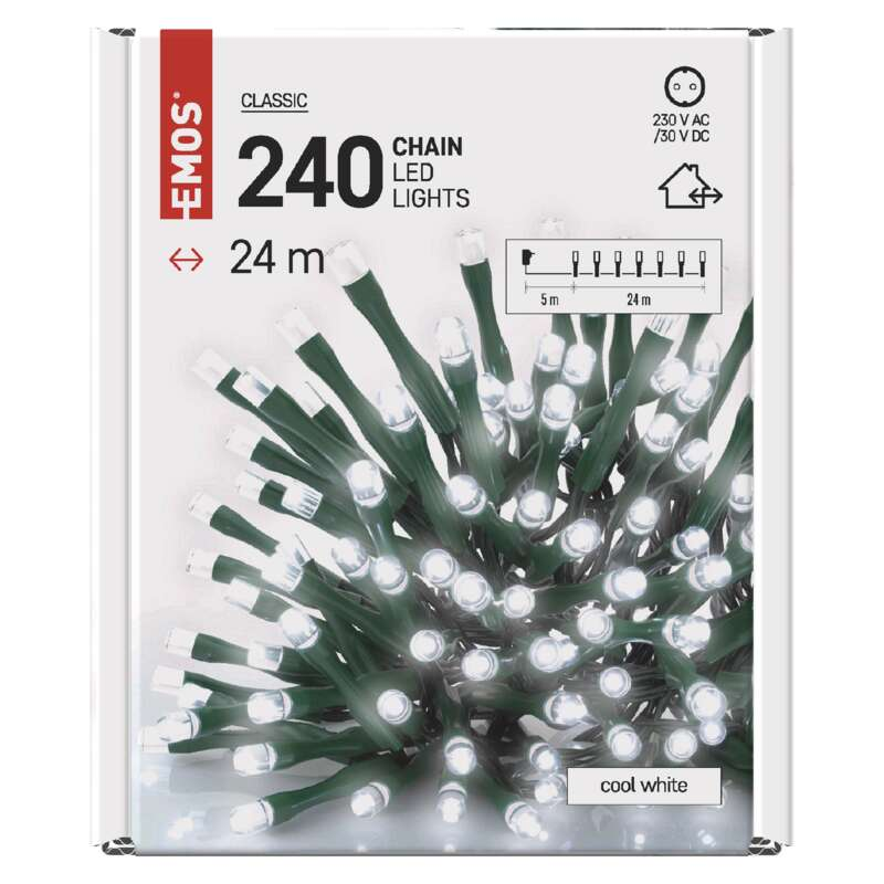 Egy doboz 240 db hideg fehér LED-es füzérfénnyel. A dobozon a '24 m' felirat látható, és egy diagramot mutat.
