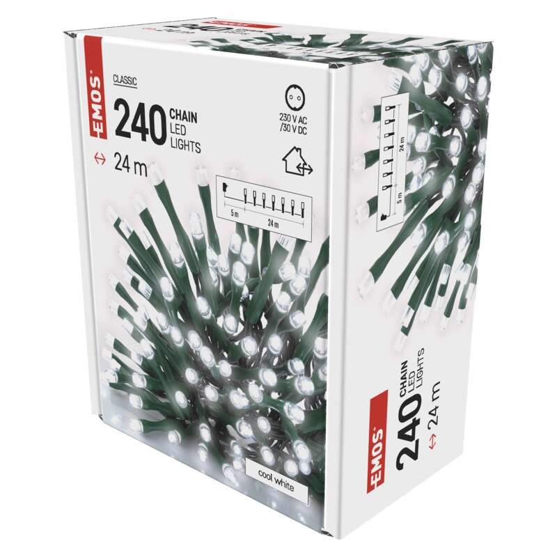 Egy fehér és zöld EMOS 240 LED-es füzér doboza. A lámpákat és a diagramokat mutatja.