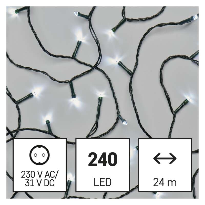 Fehér LED-es lámpákból álló sor fekete vezetéken, információs ikonokkal.