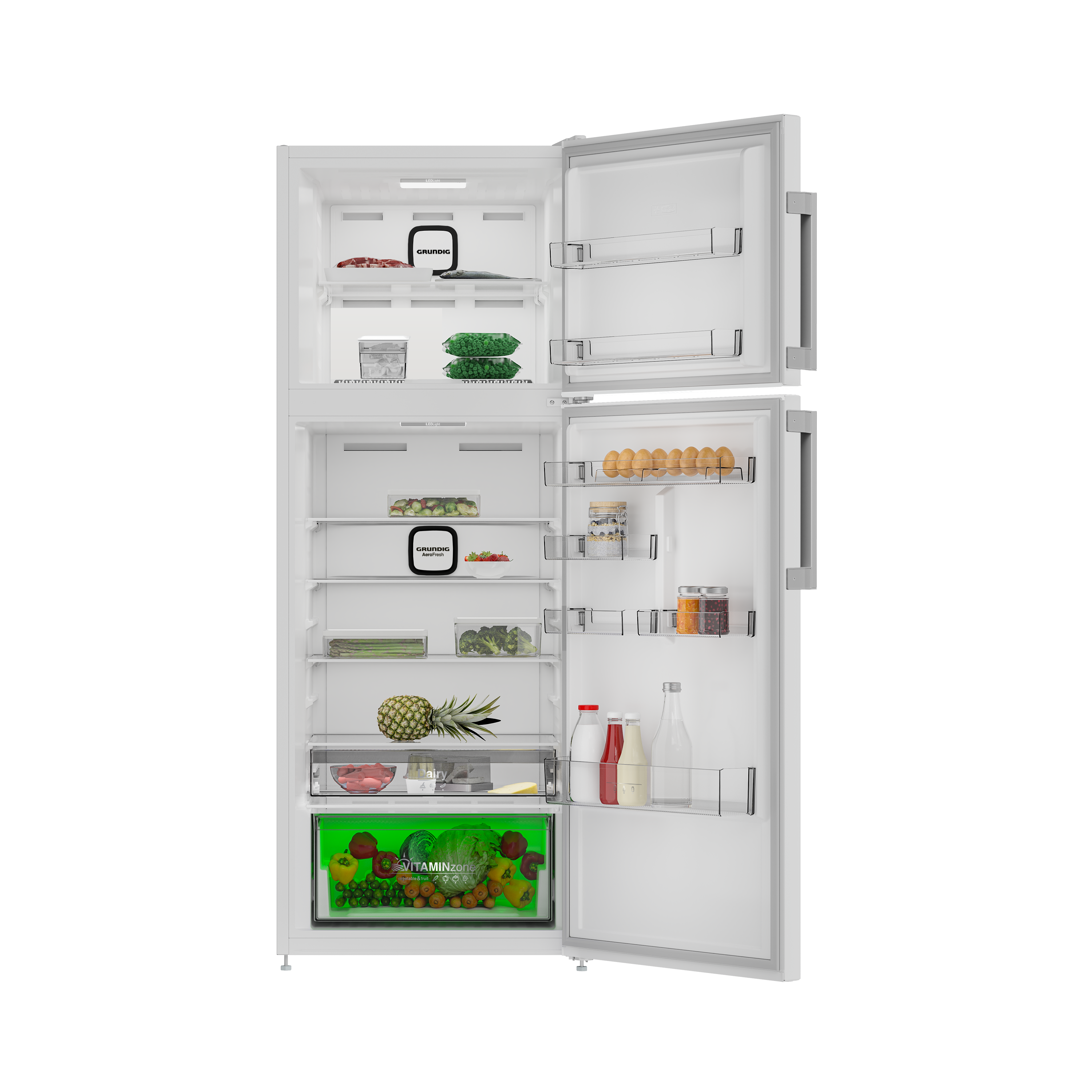 Beyaz Grundig buzdolabı açık kapılar, içinde yiyeceklerle raflar.