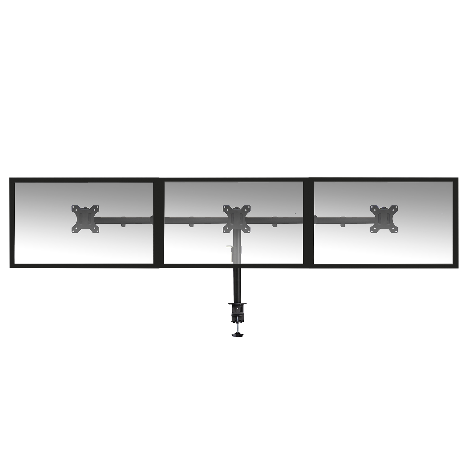 Three computer monitors mounted on a stand. The monitors are black-framed and on a white background.