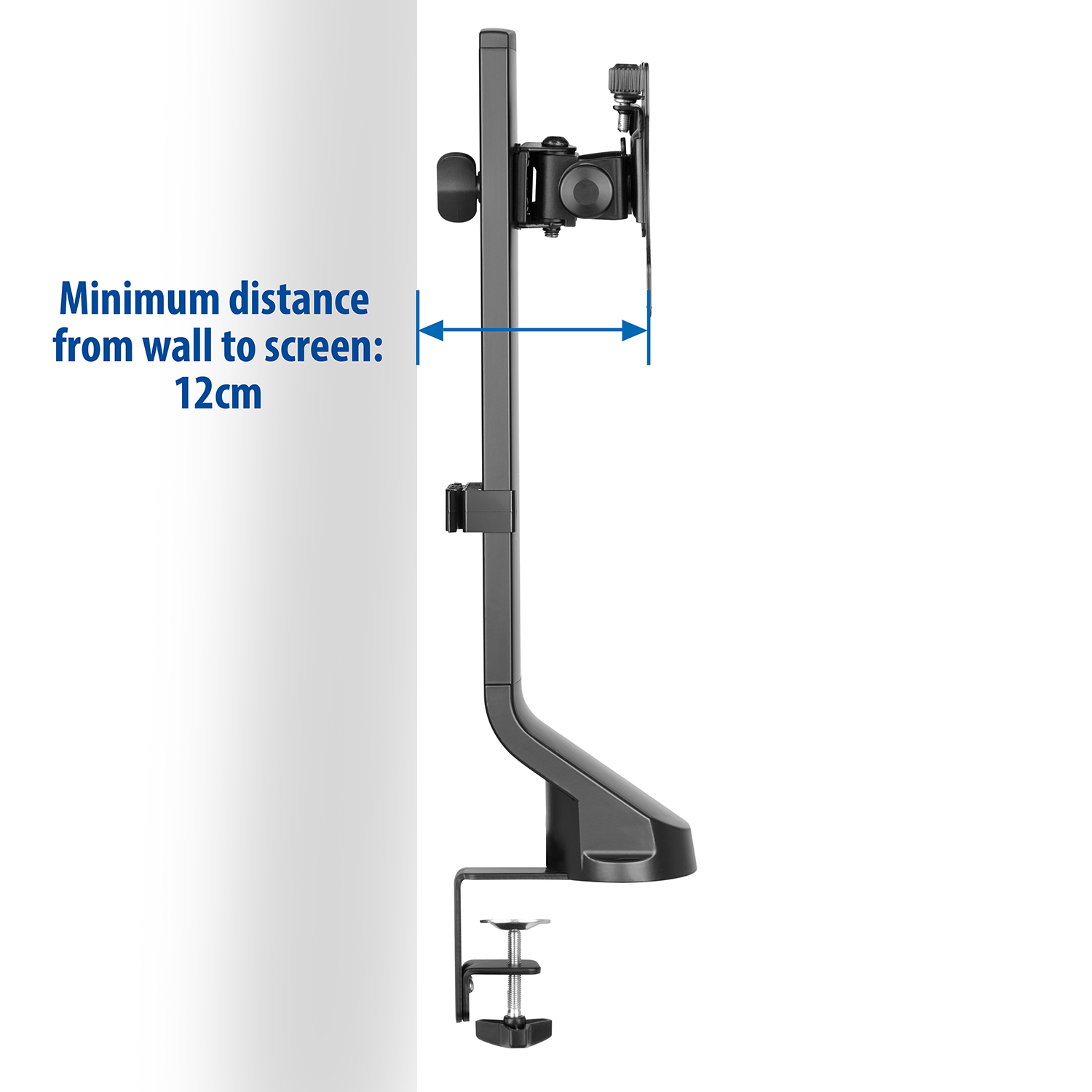 A black monitor mount is mounted on a wall, with a blue arrow pointing to the wall, 12cm.
