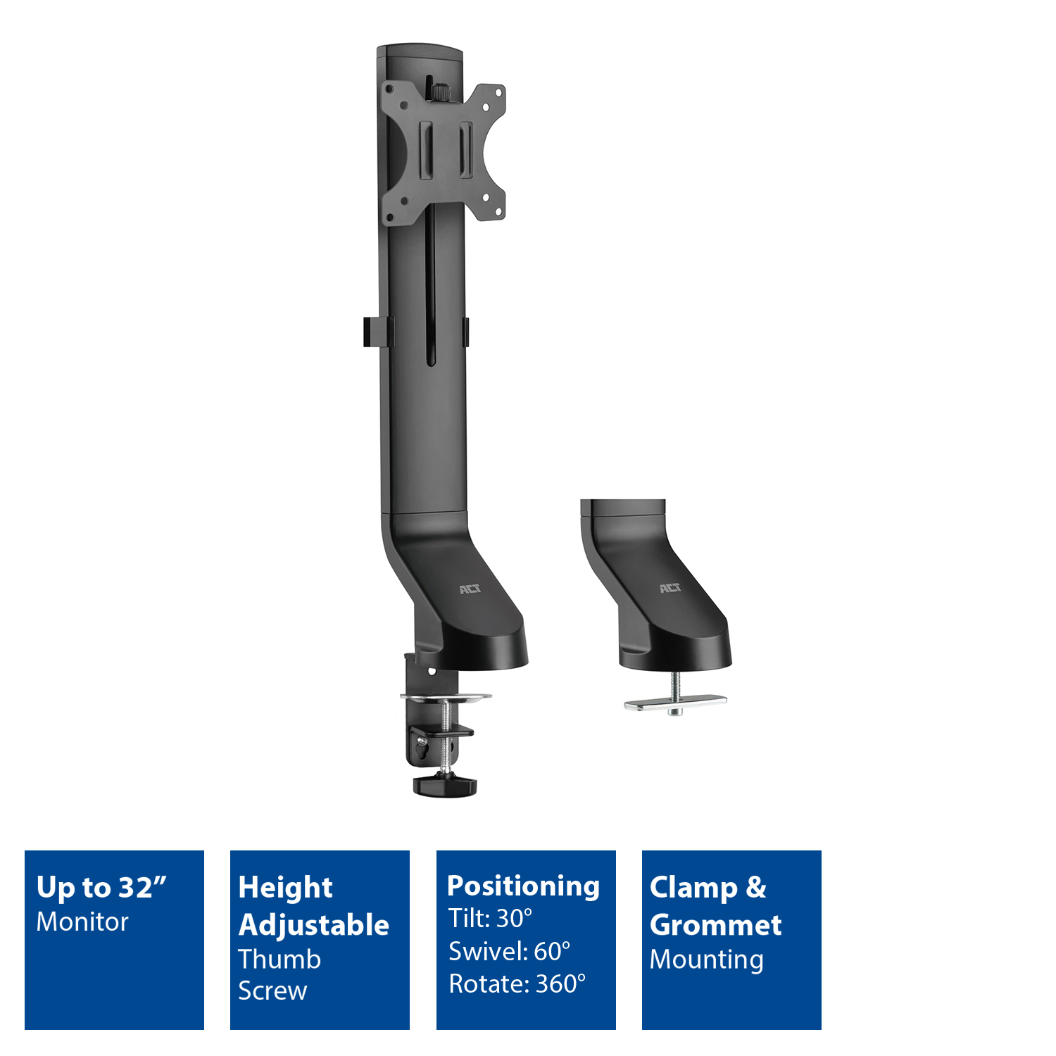Monitor stand with height adjustability and clamp mounting. Text labels included.