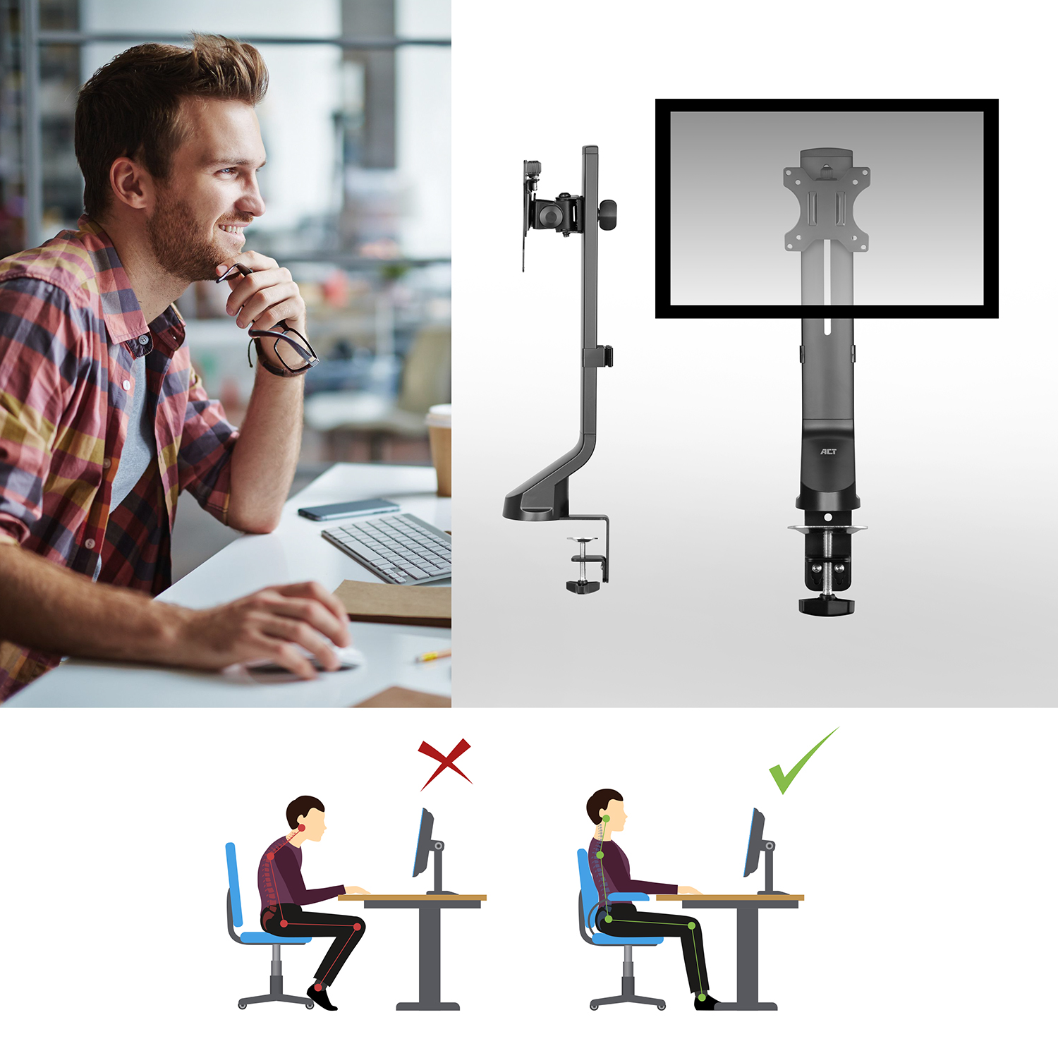 Man looking at a computer screen. Diagrams show correct and incorrect sitting posture at a desk.