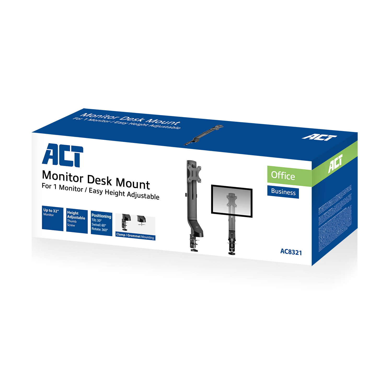 Box with a monitor desk mount. The box is blue, black, and white with product details and images.