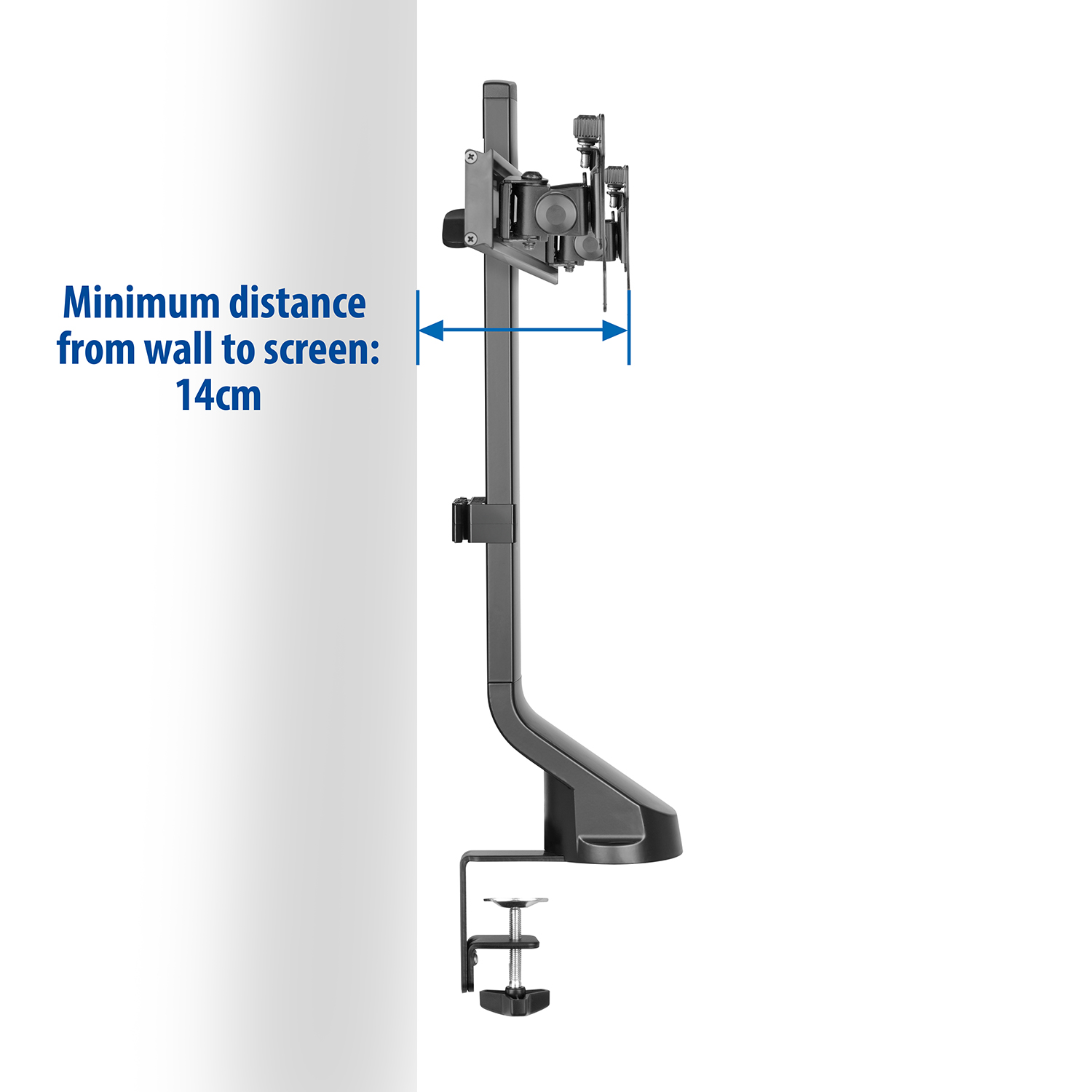 A monitor stand with text: 'Minimum distance from wall to screen: 14cm'.