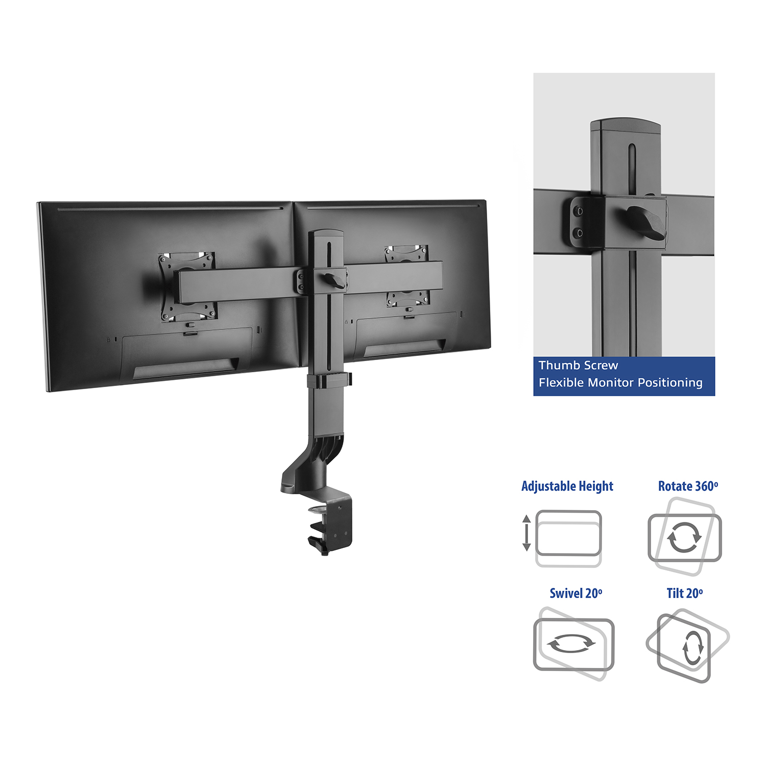 Dual monitor mount with adjustable height, swivel, tilt and rotate features.