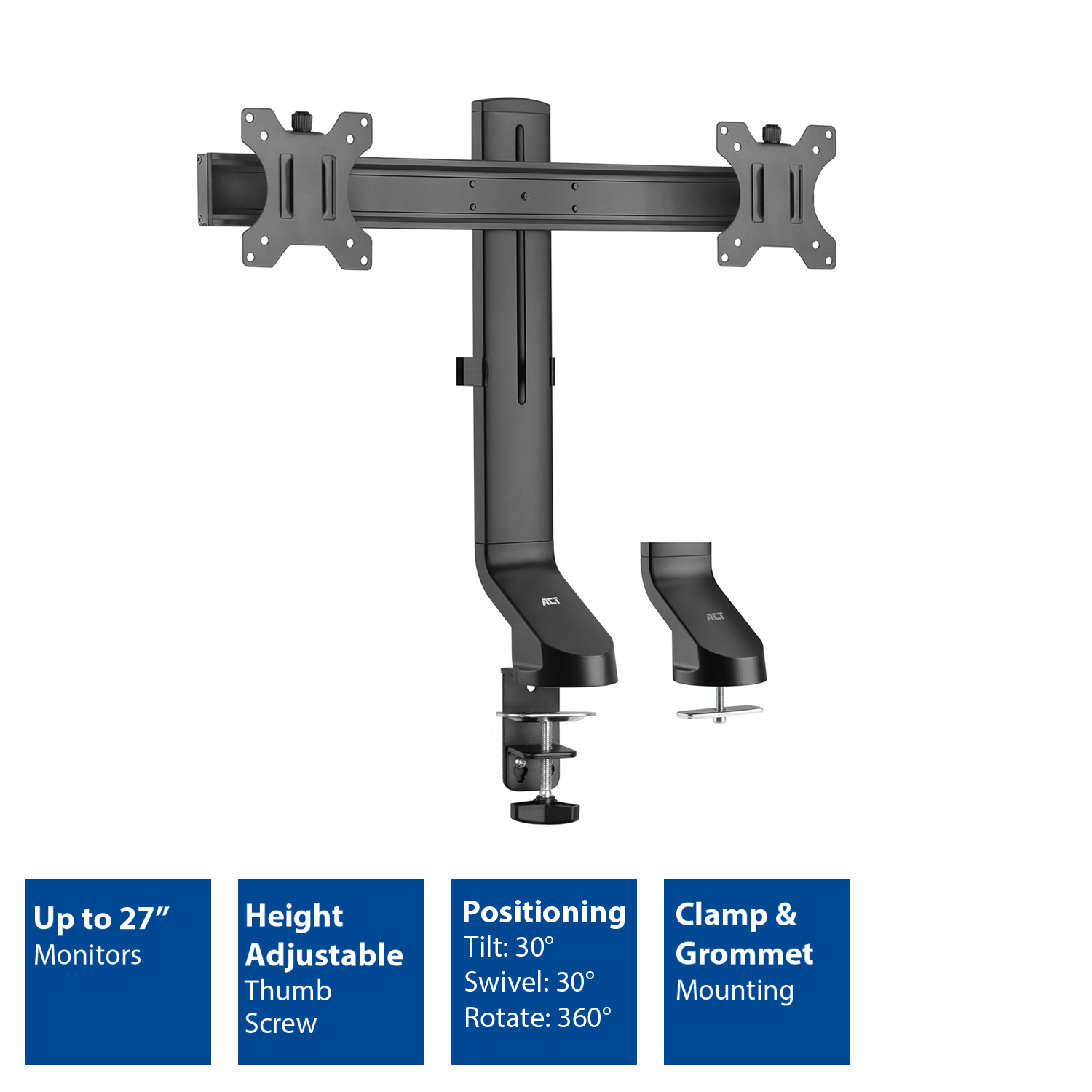 A black monitor stand with two monitors mounted. It has adjustable features and supporting text.