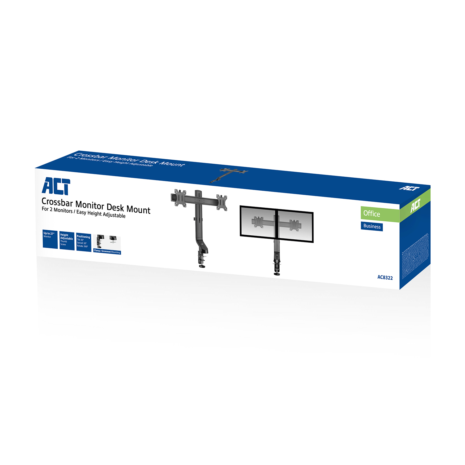 Box for crossbar monitor desk mount.  It shows two monitors. Text on box: 'ACT Crossbar'.