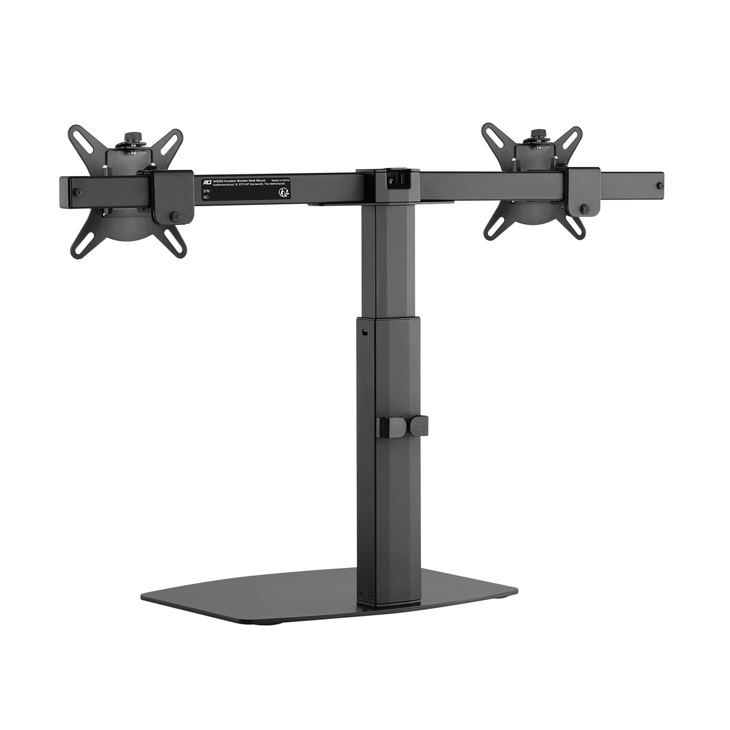 A black dual monitor mount on a white background.