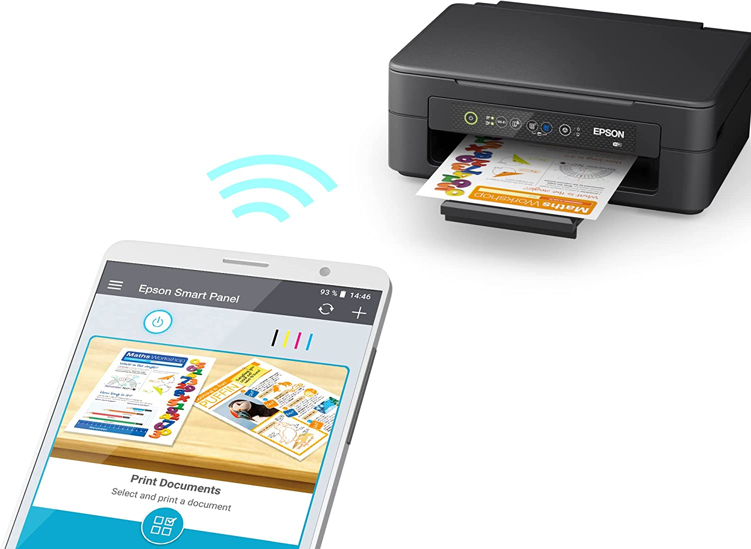 Impresora Epson imprimiendo una página colorida desde un smartphone con la app Epson Smart Panel.