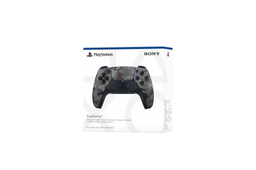 Un mando camuflaje de PlayStation 5 en su caja, con los logotipos de Sony y PlayStation.