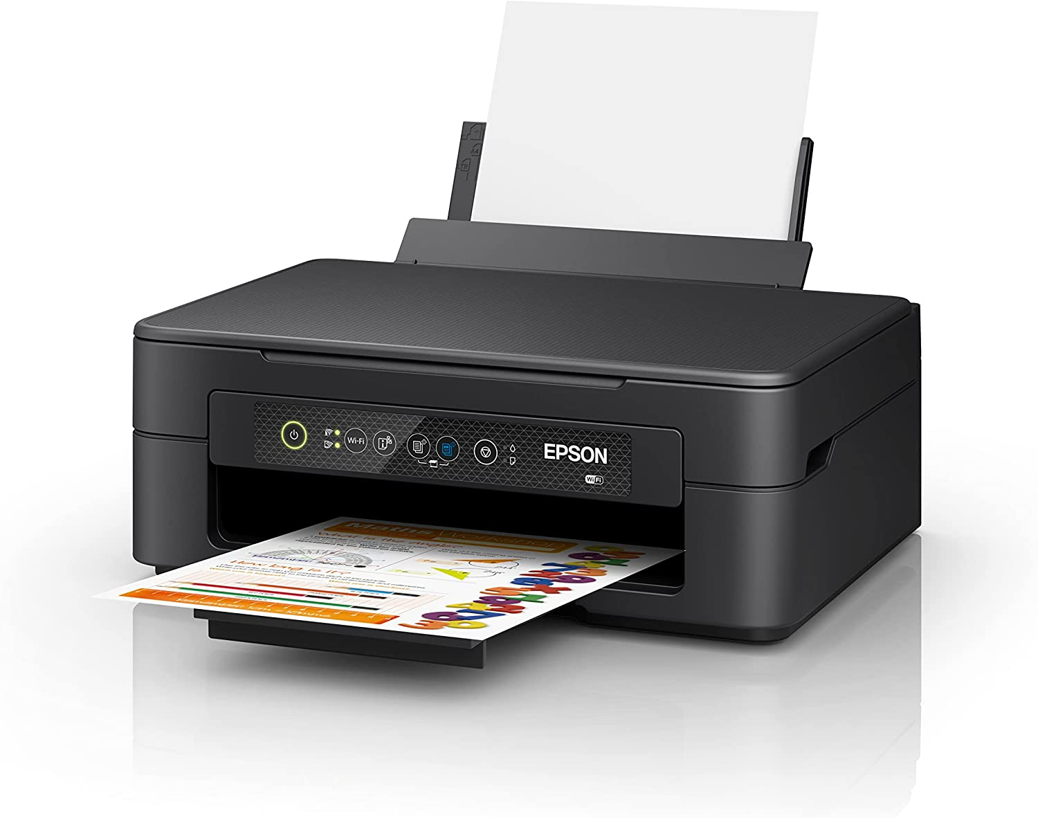 Impresora Epson negra con bandeja de papel y página impresa saliendo.
