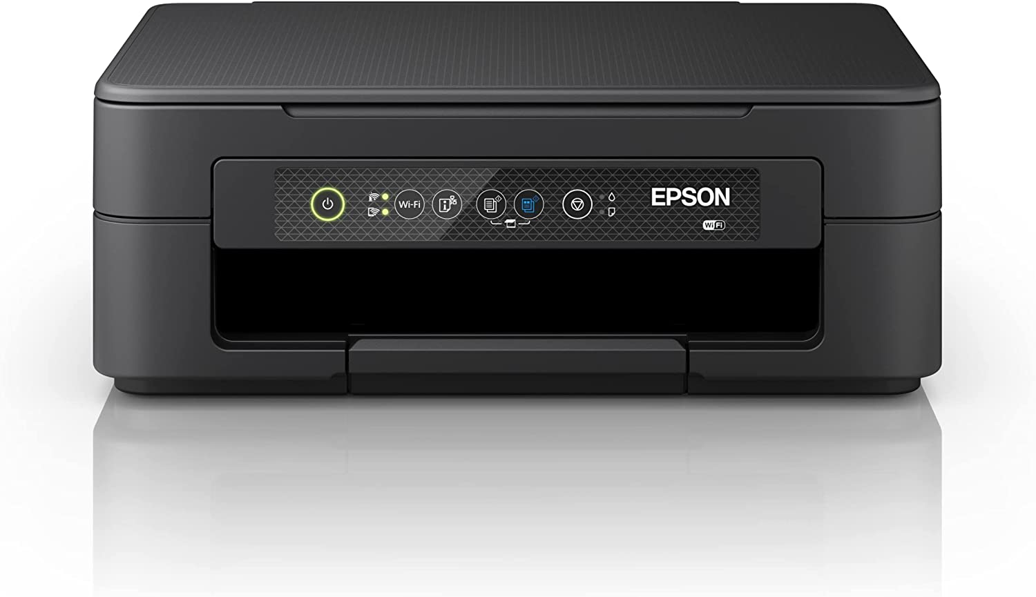 Una impresora Epson negra con botón de encendido, indicador Wi-Fi y otros iconos de control.