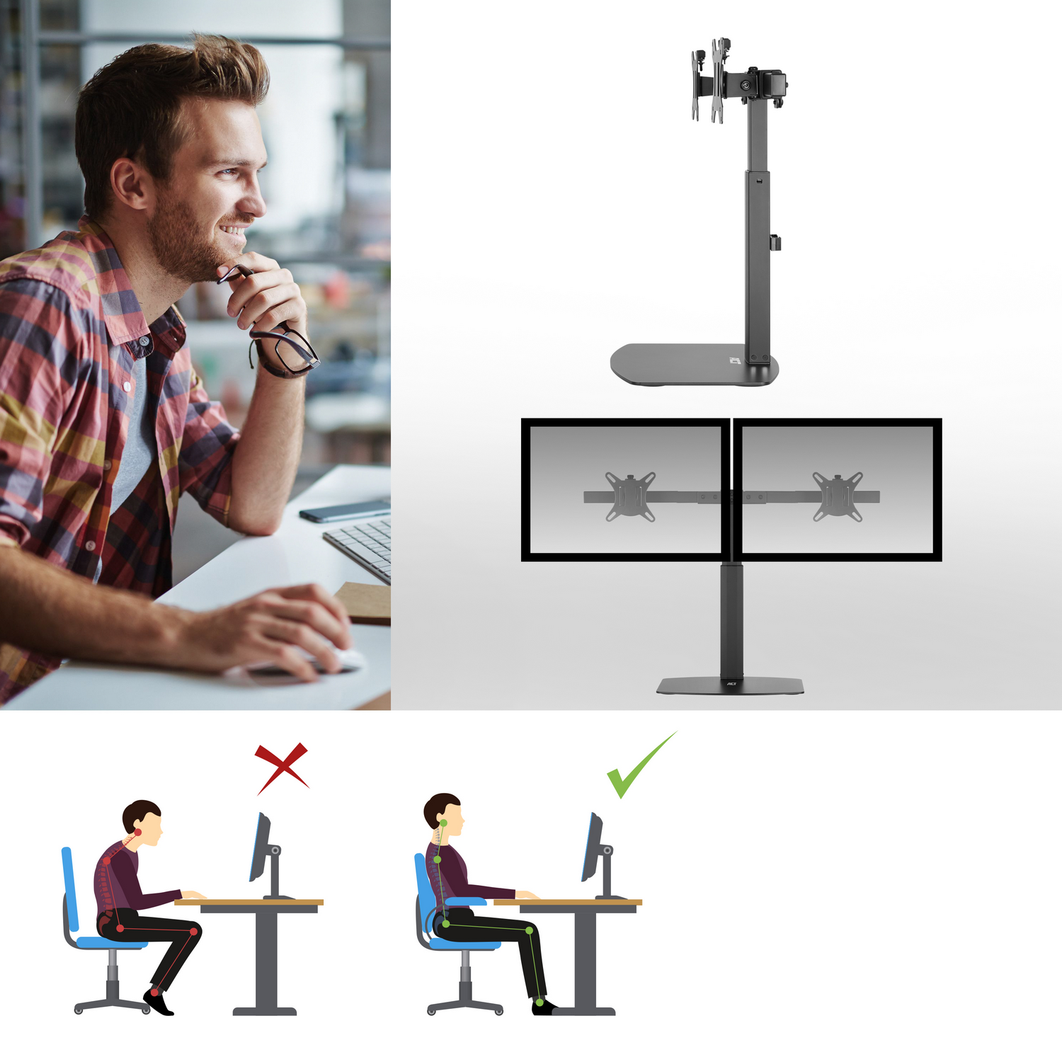 A man, a monitor stand, and two monitors. Correct and incorrect posture examples are shown.