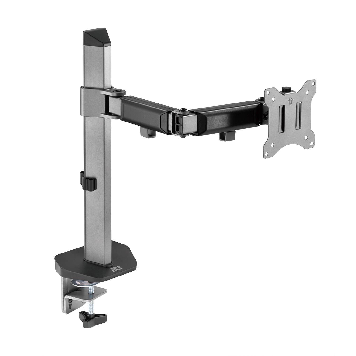A monitor arm in a studio setting. It's a metal arm with a clamp base and a monitor mount.