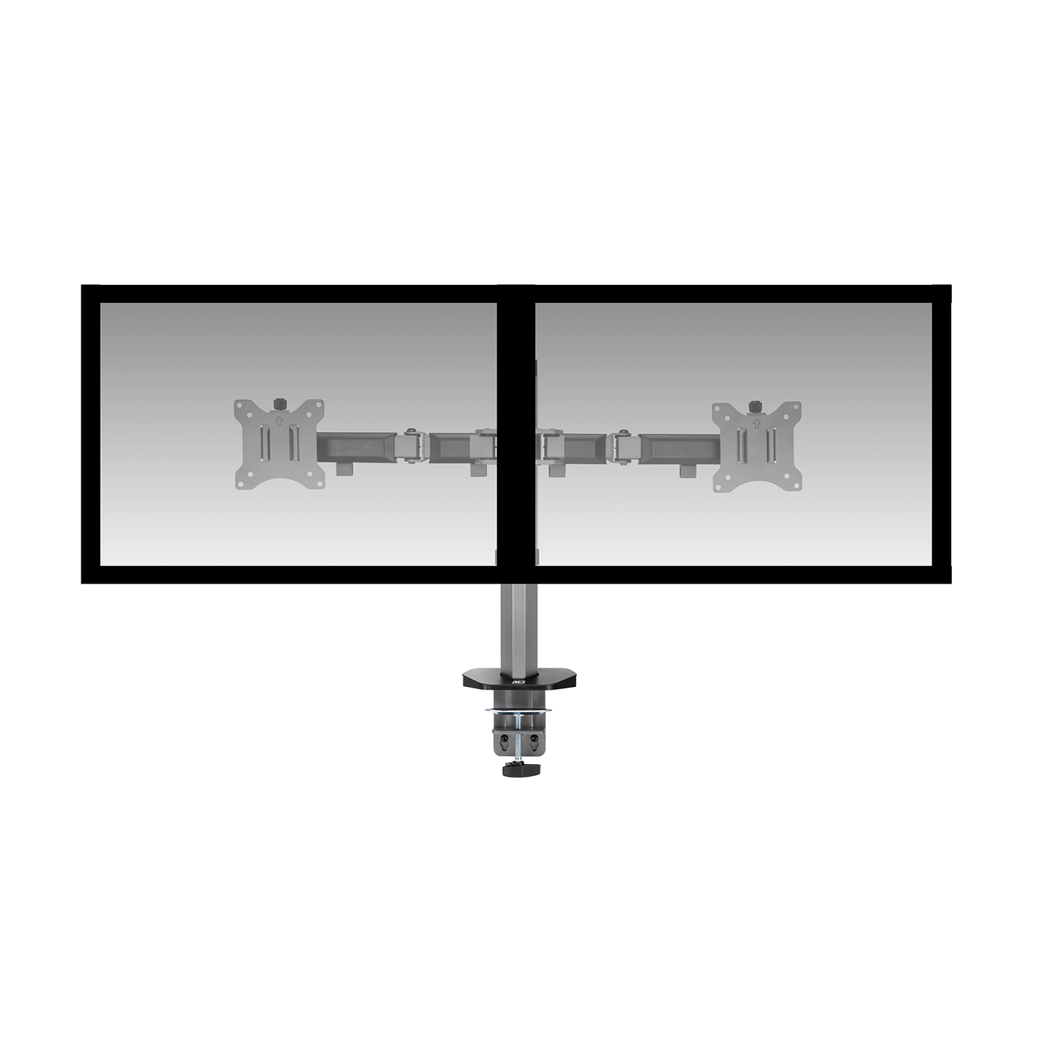 Two monitors mounted on a stand. Black frame around monitors.