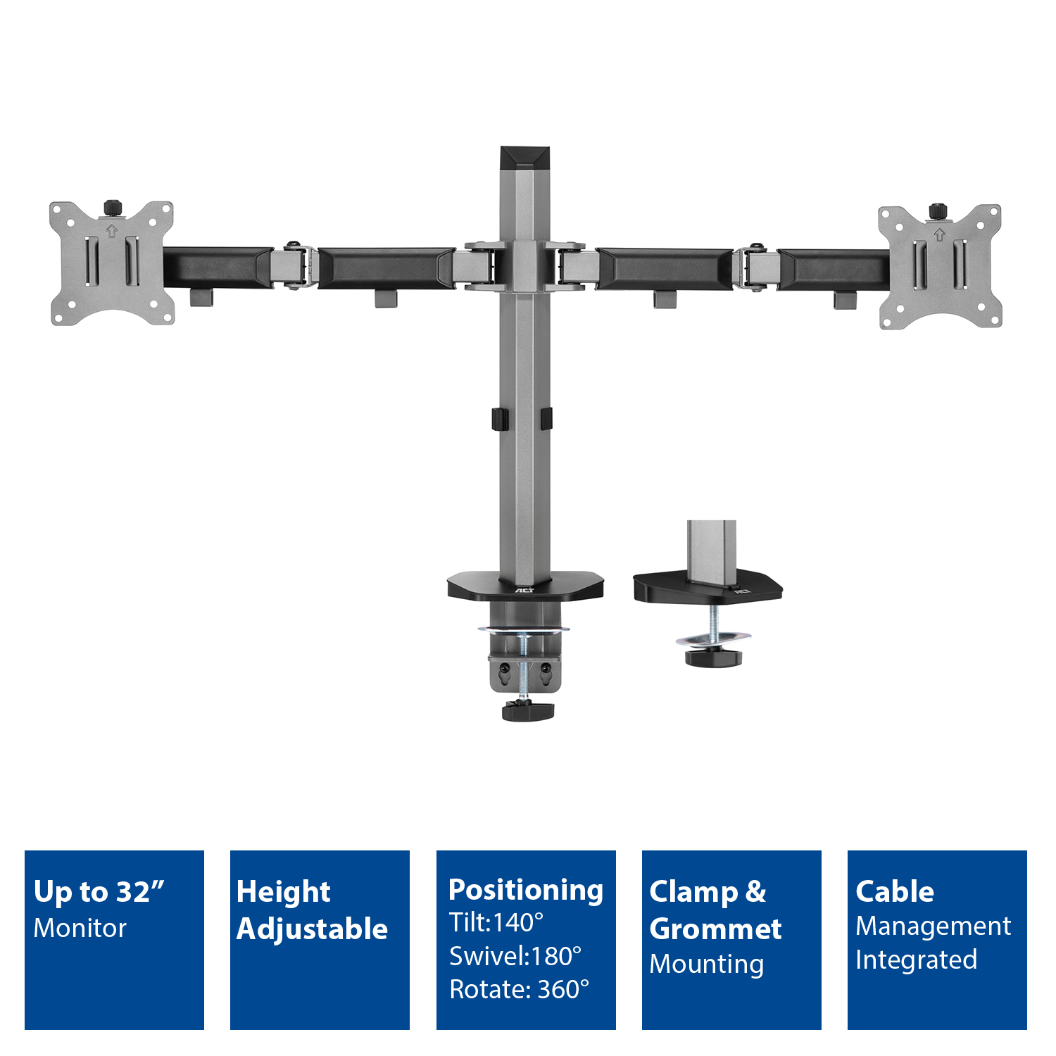 Monitor arm with two arms. Silver and black colors. Features height adjustment and cable management.